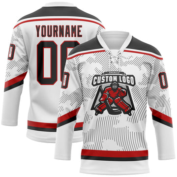 Custom White Black-Red 3D Pattern Curve Lines Hockey Lace Neck Jersey