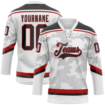 Custom White Black-Red 3D Pattern Curve Lines Hockey Lace Neck Jersey