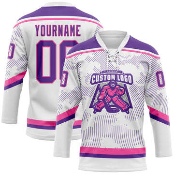 Custom White Purple-Pink 3D Pattern Curve Lines Hockey Lace Neck Jersey
