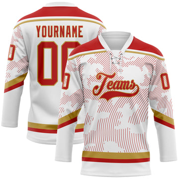 Custom White Red-Old Gold 3D Pattern Curve Lines Hockey Lace Neck Jersey