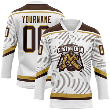 Custom White Brown-Old Gold 3D Pattern Curve Lines Hockey Lace Neck Jersey