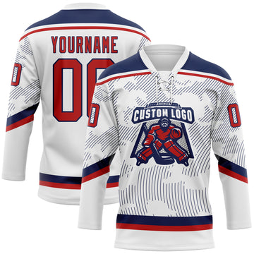 Custom White Red-Navy 3D Pattern Curve Lines Hockey Lace Neck Jersey