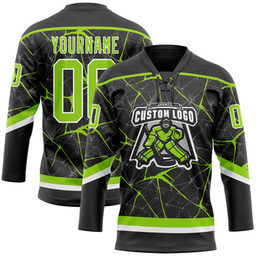 Custom Black Neon Green-White 3D Pattern Abstract Network Hockey Lace Neck Jersey