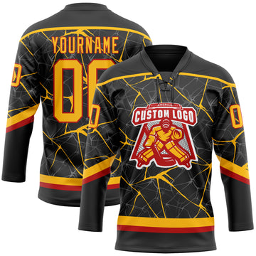 Custom Black Gold-Red 3D Pattern Abstract Network Hockey Lace Neck Jersey