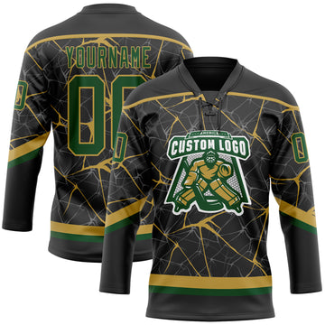 Custom Black Green-Old Gold 3D Pattern Abstract Network Hockey Lace Neck Jersey