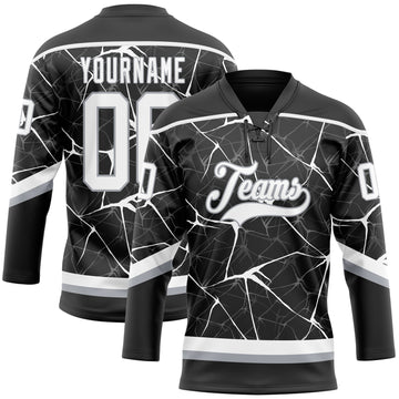 Custom Black White-Gray 3D Pattern Abstract Network Hockey Lace Neck Jersey