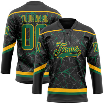 Custom Black Kelly Green-Gold 3D Pattern Abstract Network Hockey Lace Neck Jersey