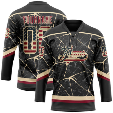 Custom Black Vintage USA Flag Crimson-City Cream 3D Pattern Abstract Network Hockey Lace Neck Jersey