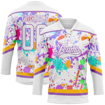 Custom Graffiti Pattern White Medium Purple-Gold 3D Splash Art Hockey Lace Neck Jersey