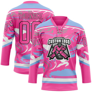 Custom Figure Pink Light Blue Black-White 3D Pattern Fluid Art Hockey Lace Neck Jersey
