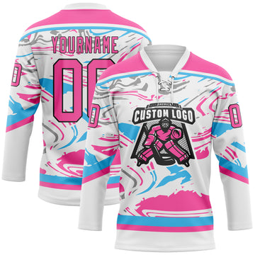 Custom Figure Pink White Sky Blue-Black 3D Pattern Fluid Art Hockey Lace Neck Jersey