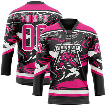 Custom Figure Hot Pink Black-White 3D Pattern Fluid Art Hockey Lace Neck Jersey