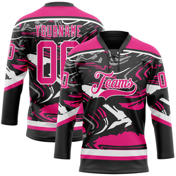 Custom Figure Hot Pink Black-White 3D Pattern Fluid Art Hockey Lace Neck Jersey