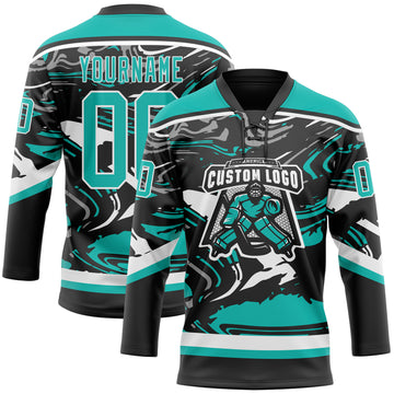 Custom Figure Aqua Black-White 3D Pattern Fluid Art Hockey Lace Neck Jersey
