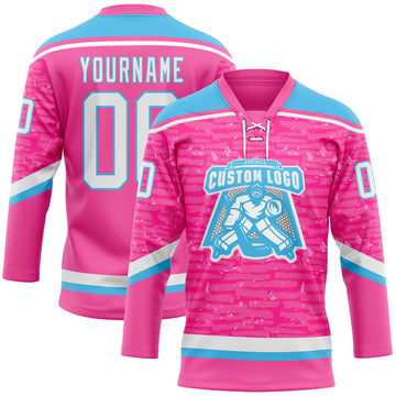 Custom Pink White-Sky Blue 3D Pattern Fragment Art Hockey Lace Neck Jersey