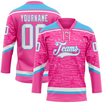 Custom Pink White-Sky Blue 3D Pattern Fragment Art Hockey Lace Neck Jersey