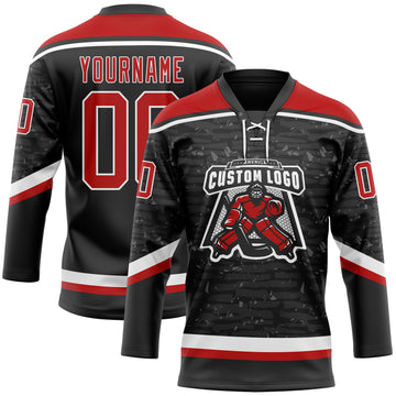 Custom Black Red-White 3D Pattern Fragment Art Hockey Lace Neck Jersey