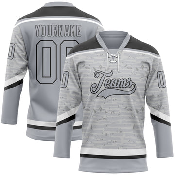 Custom Gray Black-White 3D Pattern Fragment Art Hockey Lace Neck Jersey