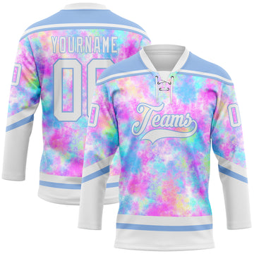 Custom Tie Dye White-Light Blue 3D Pattern Spalsh Art Hockey Lace Neck Jersey