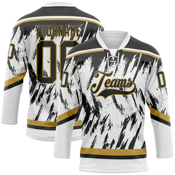 Custom White Black-Old Gold 3D Pattern Splash Art Hockey Lace Neck Jersey