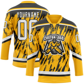 Custom Gold White-Black 3D Pattern Splash Art Hockey Lace Neck Jersey