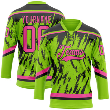 Custom Neon Green Pink-Black 3D Pattern Splash Art Hockey Lace Neck Jersey