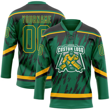 Custom Kelly Green Gold-Black 3D Pattern Splash Art Hockey Lace Neck Jersey