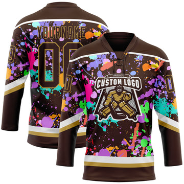 Custom Graffiti Pattern Brown Old Gold-White 3D Pattern Splash Art Hockey Lace Neck Jersey