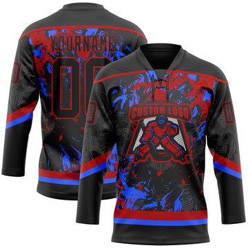 Custom Black Red-Royal 3D Fluid Art Splash Hockey Lace Neck Jersey