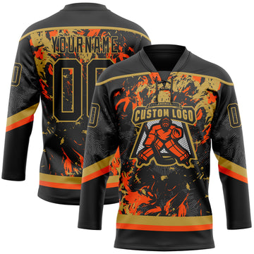 Custom Black Old Gold-Orange 3D Fluid Art Splash Hockey Lace Neck Jersey
