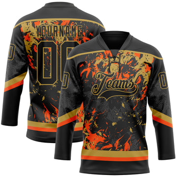 Custom Black Old Gold-Orange 3D Fluid Art Splash Hockey Lace Neck Jersey