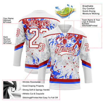 Custom White Red-Royal 3D Fluid Art Splash Hockey Lace Neck Jersey