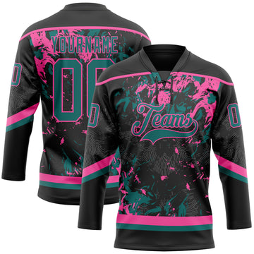 Custom Black Teal-Pink 3D Fluid Art Splash Hockey Lace Neck Jersey