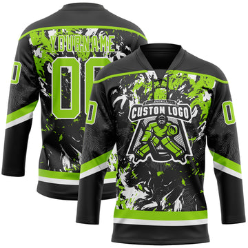 Custom Black Neon Green-White 3D Fluid Art Splash Hockey Lace Neck Jersey
