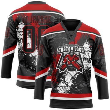 Custom Black Red-White 3D Splash Art Hockey Lace Neck Jersey