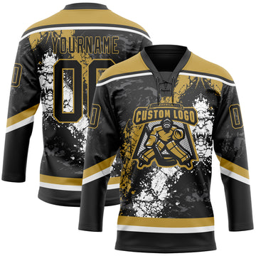 Custom Black Old Gold-White 3D Splash Art Hockey Lace Neck Jersey
