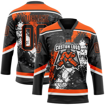Custom Black Orange-White 3D Splash Art Hockey Lace Neck Jersey