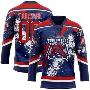 Custom Navy Red Thunder Blue-White 3D Splash Art Hockey Lace Neck Jersey