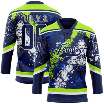 Custom Navy Thunder Blue Neon Green-White 3D Splash Art Hockey Lace Neck Jersey