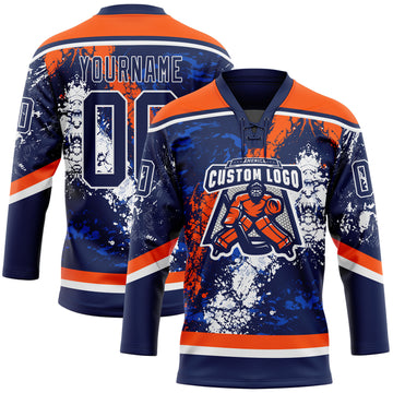 Custom Navy Thunder Blue Orange-White 3D Splash Art Hockey Lace Neck Jersey