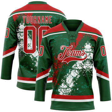 Custom Green Red-White 3D Splash Art Hockey Lace Neck Jersey