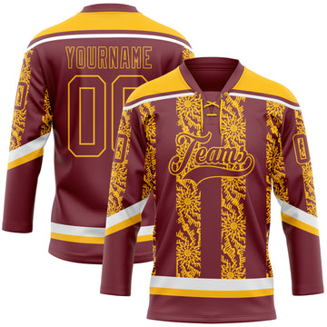 Custom Burgundy Gold-White 3D Pattern Abstract Shape Hockey Lace Neck Jersey