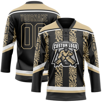 Custom Black Vegas Gold-White 3D Pattern Abstract Shape Hockey Lace Neck Jersey