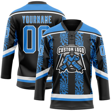 Custom Black Powder Blue-White 3D Pattern Abstract Shape Hockey Lace Neck Jersey