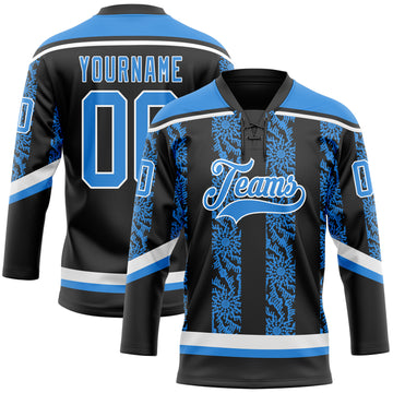 Custom Black Powder Blue-White 3D Pattern Abstract Shape Hockey Lace Neck Jersey