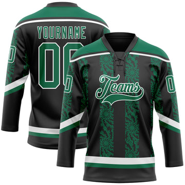 Custom Black Kelly Green-White 3D Pattern Abstract Shape Hockey Lace Neck Jersey