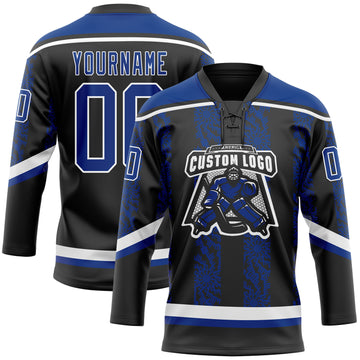 Custom Black Royal-White 3D Pattern Abstract Shape Hockey Lace Neck Jersey