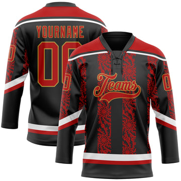 Custom Black Red Old Gold-White 3D Pattern Abstract Shape Hockey Lace Neck Jersey
