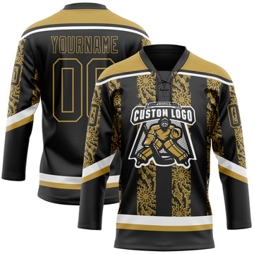 Custom Black Old Gold-White 3D Pattern Abstract Shape Hockey Lace Neck Jersey
