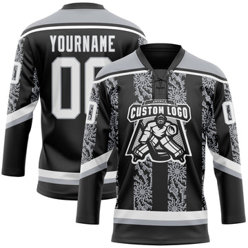 Custom Black White-Gray 3D Pattern Abstract Shape Hockey Lace Neck Jersey
